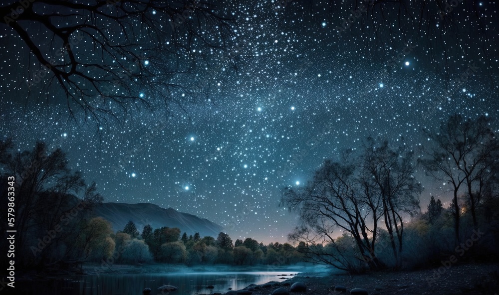  a painting of the night sky with stars above a lake.  generative ai