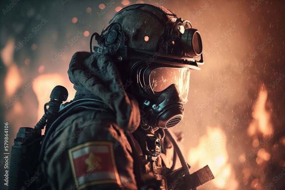 Firefighter searching for possible survives. Generative AI Firefighter searching for possible survives. Generative AI