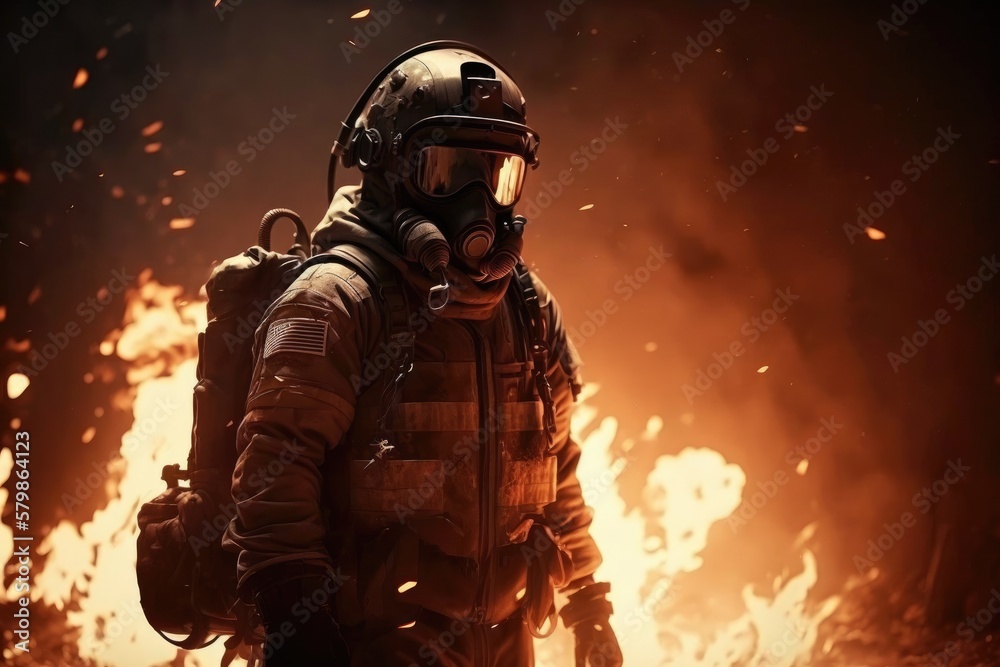 Firefighter searching for possible survives. Generative AI Firefighter searching for possible survives. Generative AI