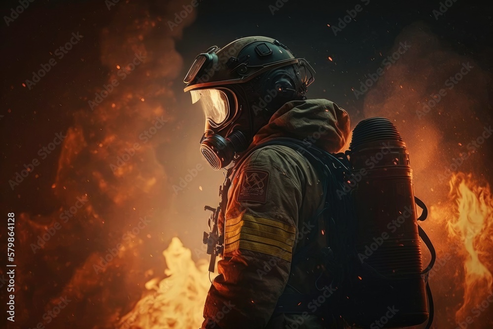 Firefighter searching for possible survives. Generative AI Firefighter searching for possible survives. Generative AI