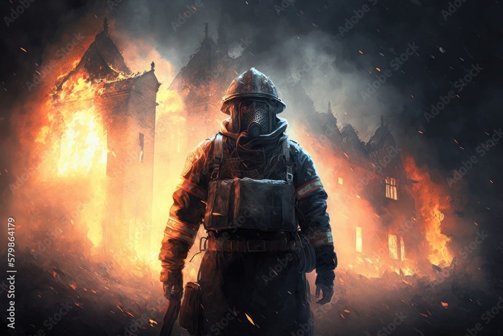 Firefighter searching for possible survives. Generative AI