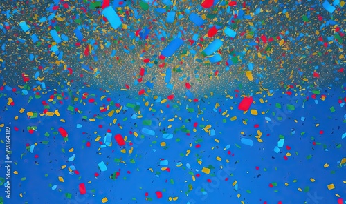  a group of colorful confetti on a blue background.  generative ai