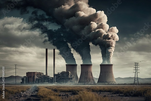 Coal-fired power plant with plumes of smoke and steam rising from the cooling towers, concept of Pollution and Energy Production, created with Generative AI technology photo