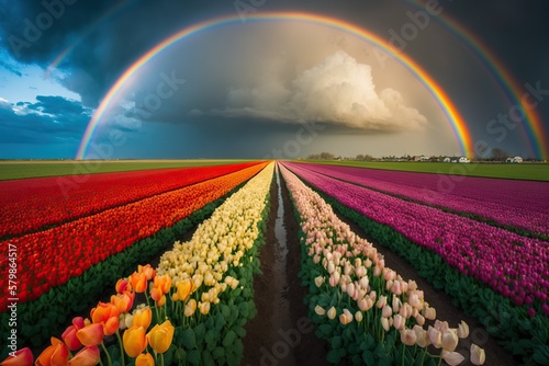 Colorful tulip field in the netherlands with rainbow hues stretching into the distance, concept of Brightness and Vibrance, created with Generative AI technology #579864517
