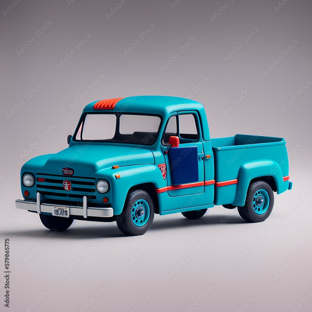 Vintage 1960's blue pickup truck. 3d rendering, cartoon toy design. Generative AI