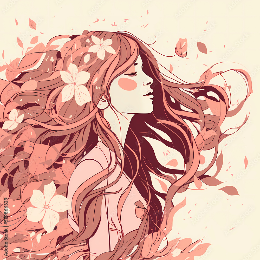 Girl with flowing hair in a pink summer breeze. Flower petals and vines, generative AI