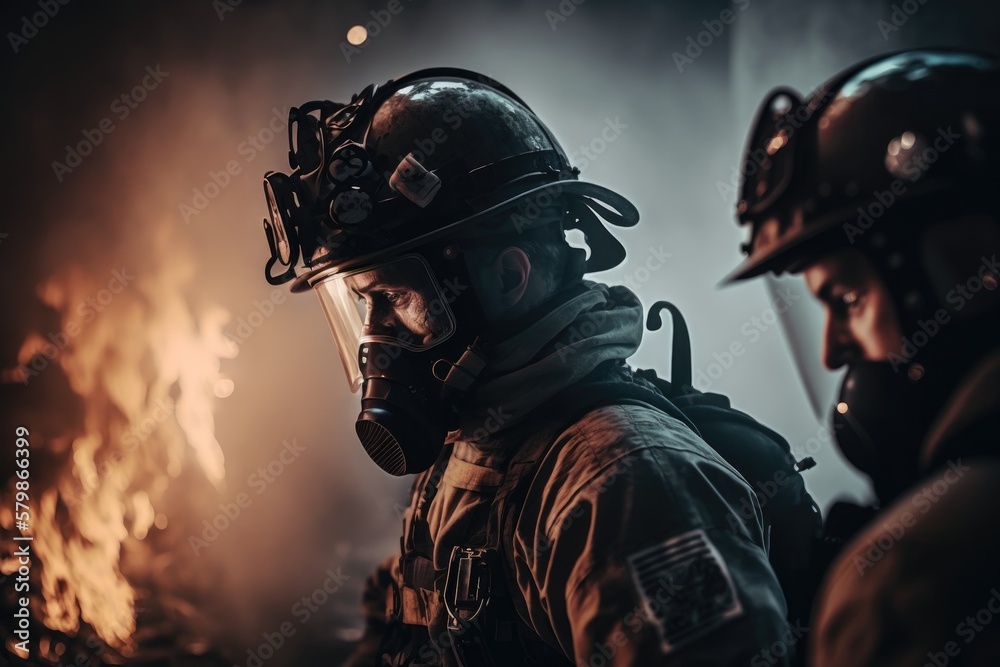 Firefighter searching for possible survives. Generative AI