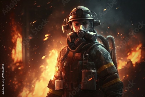 Firefighter searching for possible survives. Generative AI