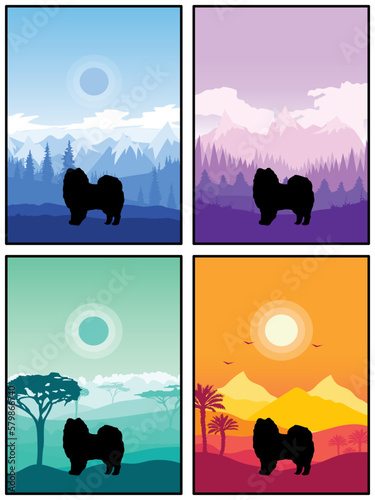 American Eskimo Dog Breed Silhouette Sunset Forest Nature Background 4 Posters Stickers Cards Vector Illustration EPS