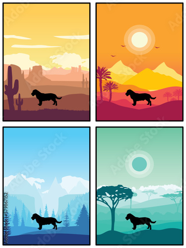 Drever Dog Breed Silhouette Sunset Forest Nature Background 4 Posters Stickers Cards Vector Illustration EPS