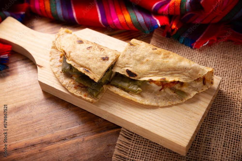 Quesadilla de Comal con queso y Nopales. Typical Mexican quesadilla