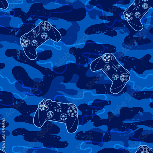 seamless pattern with gamepads on blue camouflage background. Underwater waves wall. Monochrome military ornaments with game pads. Cover gaming print. Gamer wallpaper. 