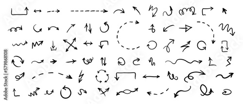 Arrow mark icons. Collection hand drawn arrows. Vector isolated on white background.