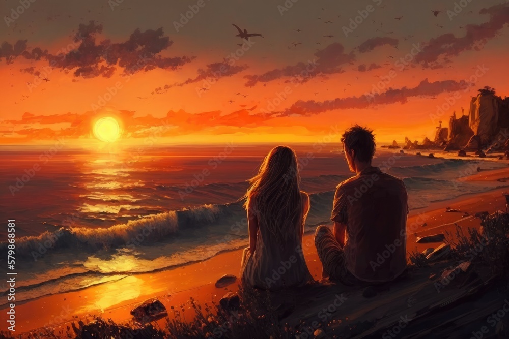 Fototapeta premium Couple walking on the Beach at Sunset Generative AI