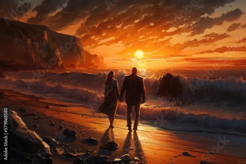 Couple walking on the Beach at Sunset Generative AI © ChaoticMind