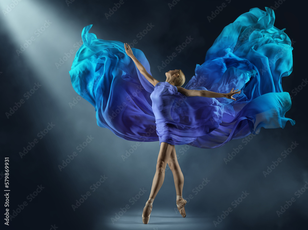 Foto Stock Ballerina in Purple Chiffon Dress on Stage Light Beam. Ballet  Dancer in Silk Fantasy Blue Gown. Woman dancing with flying Cyan Fabric as  Wings over Dark Background | Adobe Stock