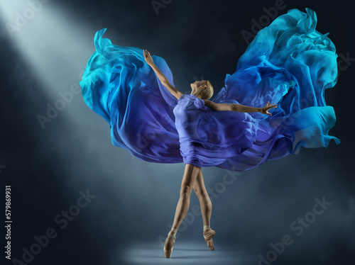 Wallpaper Mural Ballerina in Purple Chiffon Dress on Stage Light Beam. Ballet Dancer in Silk Fantasy Blue Gown. Woman dancing with flying Cyan Fabric as Wings over Dark Background Torontodigital.ca