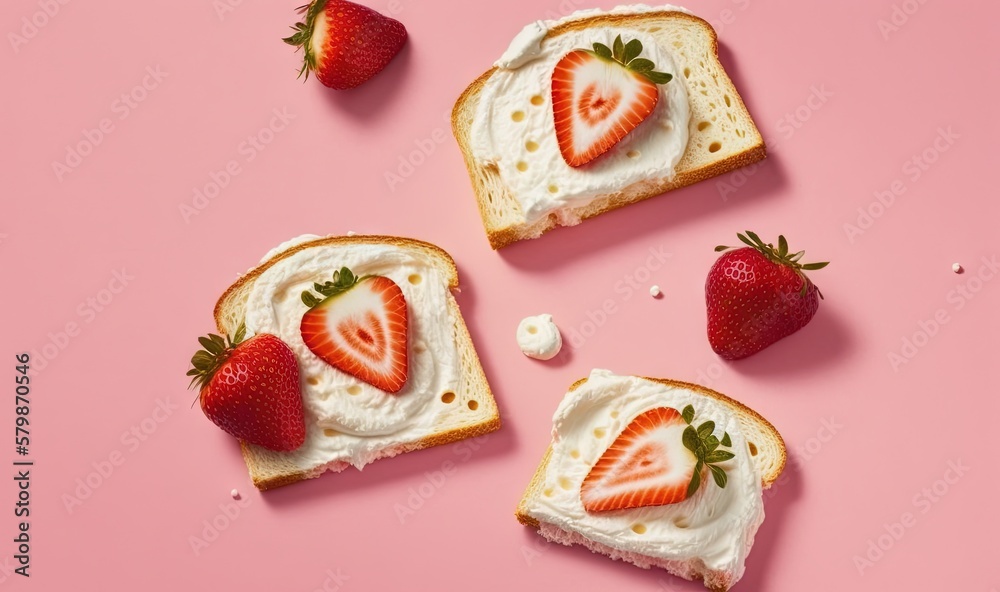 three slices of toast with whipped cream and strawberries on top. generative ai three slices of toast with whipped cream and strawberries on top. generative ai