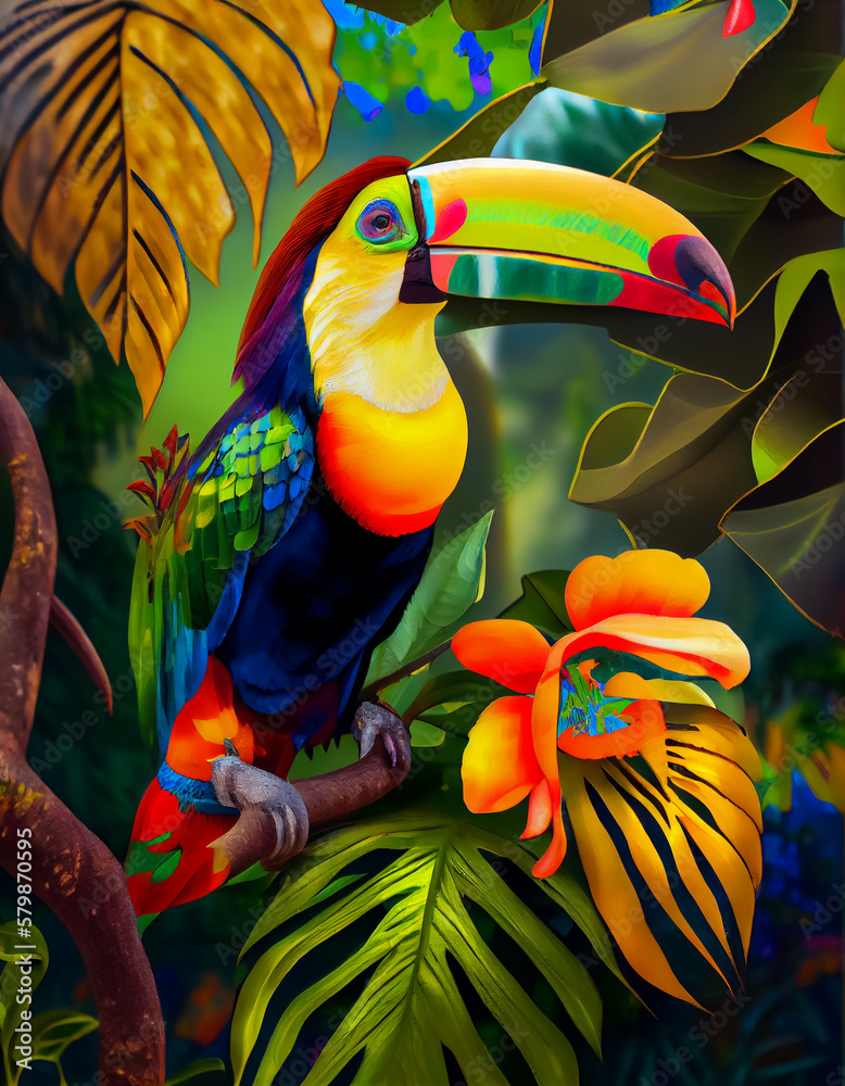 Fototapeta premium Illustration of colorful Toucan bird painting, AI generated image.