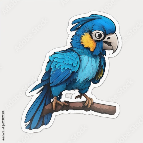 Representative sticker of fictional blue macaw, created in AI in high qualit