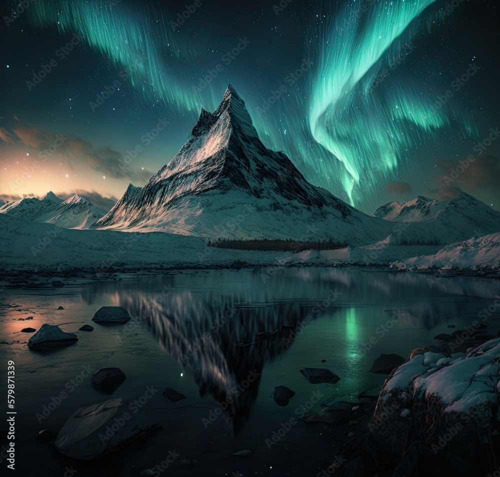 Abstract and fictional Northern Lights landscapes created in AI in high quality