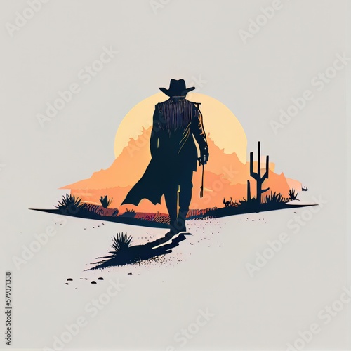 Silhouette of an old west gunslinger. Sunset. Generative AI photo