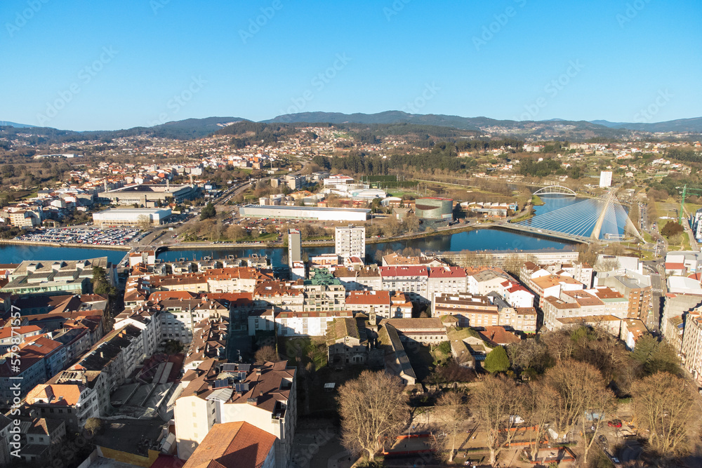 Aerial view of Pontevedra cityscape with a modern apartment buildings and sea bay, Galicia, Spain. High quality photo