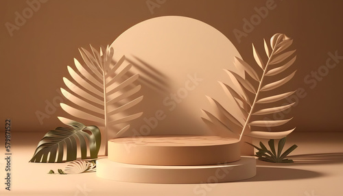 3D background, beige pedestal podium on natural dry, palm leaf shadow brown backdrop. Summer product promotion Beauty cosmetics step display. Studio Minimal showcase 3D render advertisement