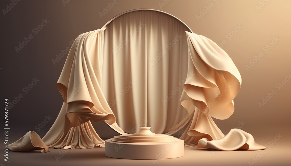 3D display podium, beige background with pedestal and flying color silk cloth curtain. Nature wind. Beauty, cosmetic product presentation circle frame for text. Luxury feminine mockup 3d render 3D display podium, beige background with pedestal and flying color silk cloth curtain. Nature wind. Beauty, cosmetic product presentation circle frame for text. Luxury feminine mockup 3d render