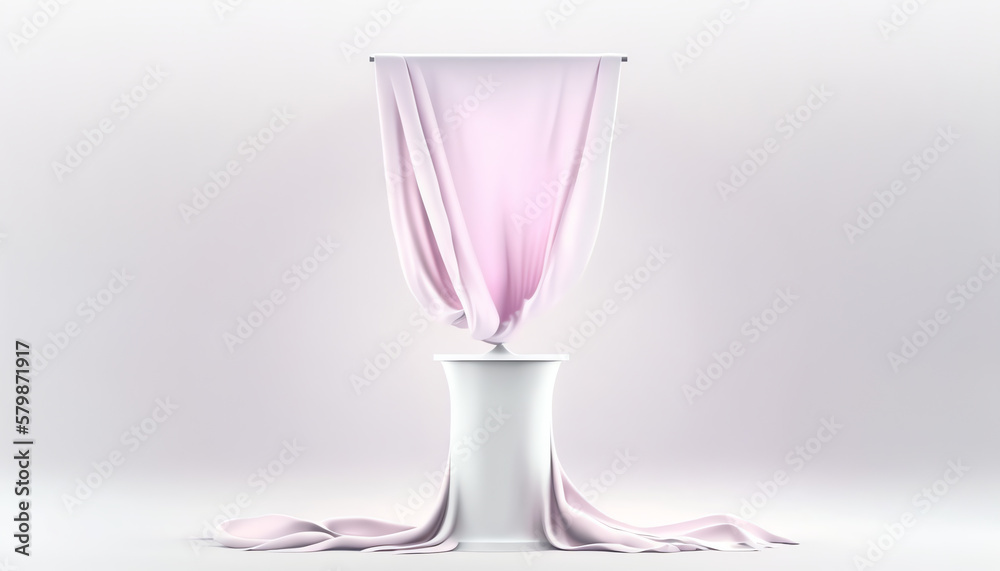 3D display podium, white background with pedestal and pink flying silk cloth curtain. Nature wind. Beauty, cosmetic product presentation stand. Luxury feminine banner template 3d render advertisement. 3D display podium, white background with pedestal and pink flying silk cloth curtain. Nature wind. Beauty, cosmetic product presentation stand. Luxury feminine banner template 3d render advertisement.