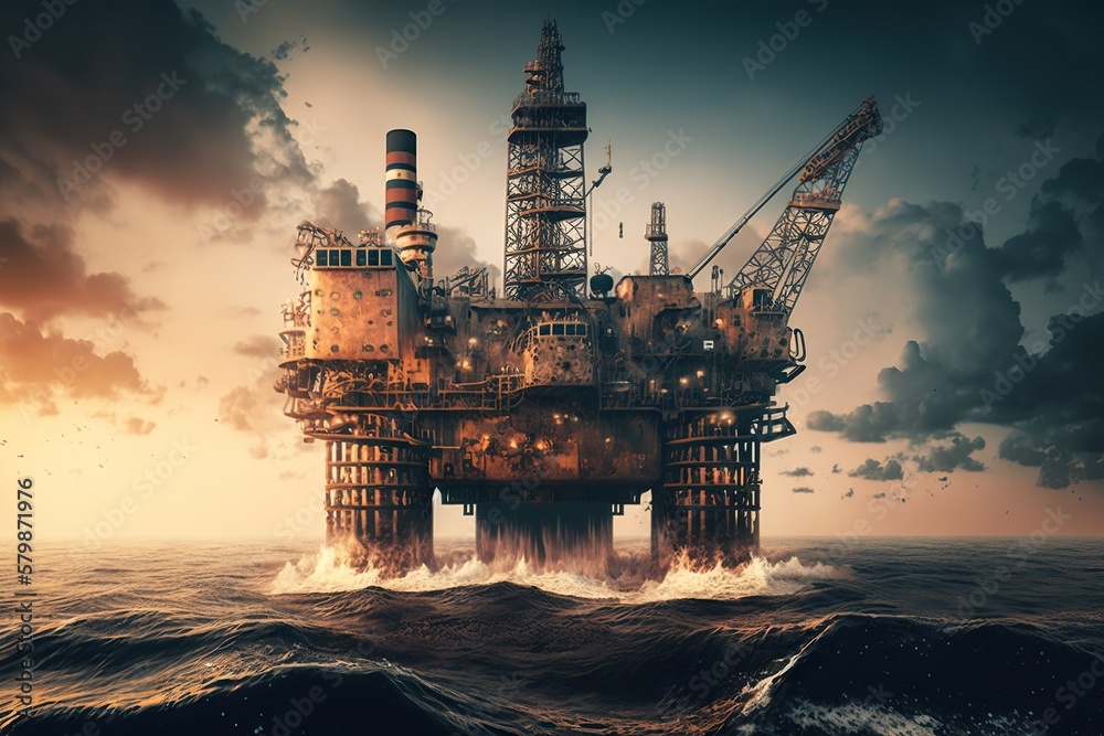 Oil rig drilling platform in the middle of the ocean, concept of Offshore drilling and Petroleum exploration, created with Generative AI technology