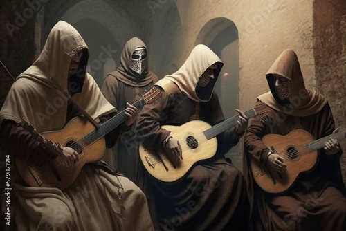 Medieval monks rock band, concept of Anachronism and Ecclesiastical Music, created with Generative AI technology photo