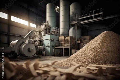 Paper mill with stacks of wood chips, concept of Resource Efficiency and Logistics Management, created with Generative AI technology