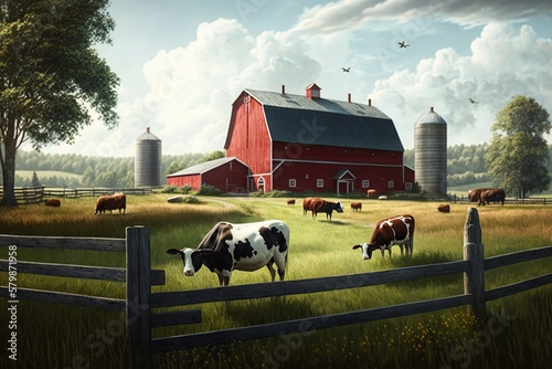 Pastoral field with grazing cows and a red barn in the distance, concept of Rural Landscape and Rustic Scene, created with Generative AI technology