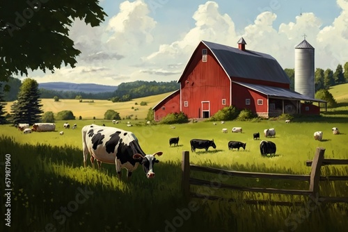 Pastoral field with grazing cows and a red barn in the distance, concept of Rural Landscape and Rustic Scene, created with Generative AI technology photo