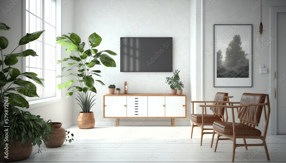 Fototapeta premium Home mockup, white room with natural wooden furniture, 3d render
