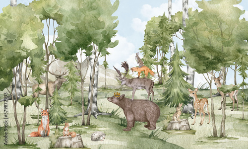 Foto animals in the garden, 
Scandinavian style forest, forest animals, bear, fox, deer, hare