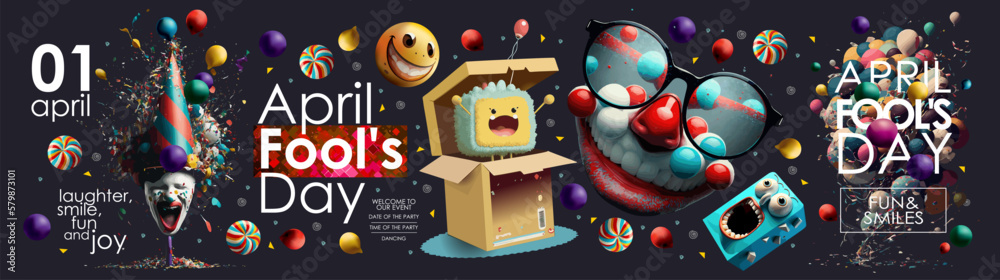 April 1, April fool's day. Crazy funny illustrations of a laughing clown in a cap, a toy on a spring, glasses with a smile, emoticon, balloons for a banner,  background or greeting card. Generative AI - obrazy, fototapety, plakaty 