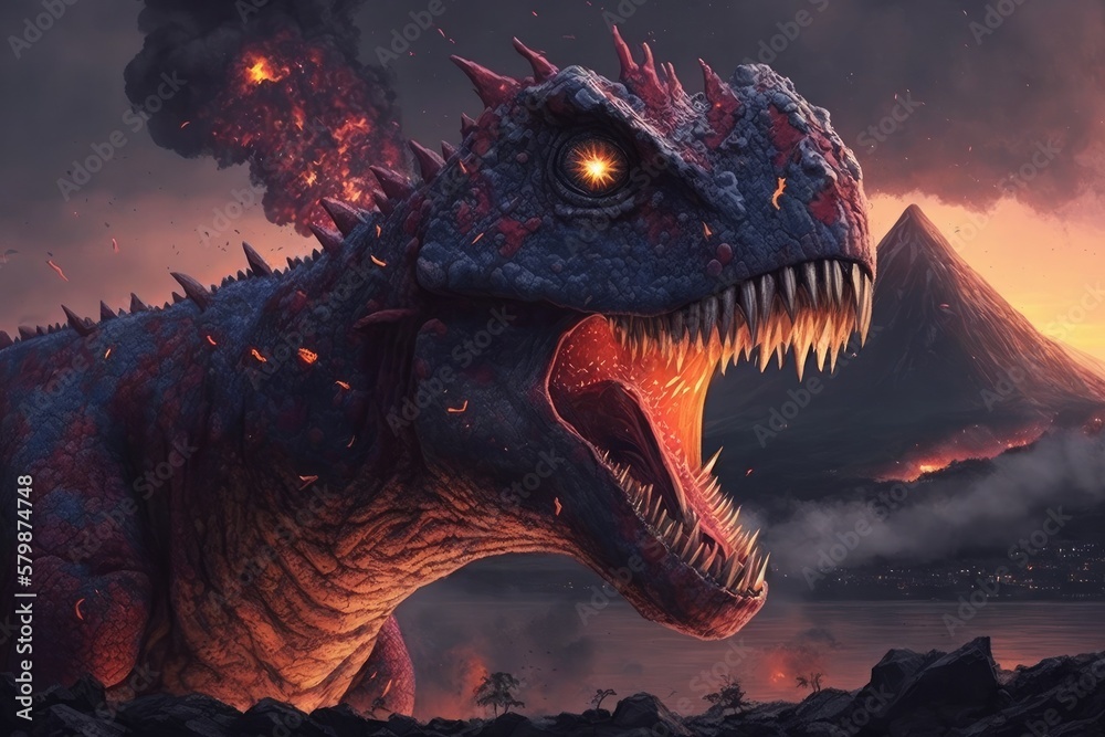 Huge dinosaur against the mountain background of a prehistoric forest at sunset Generative AI Huge dinosaur against the mountain background of a prehistoric forest at sunset Generative AI