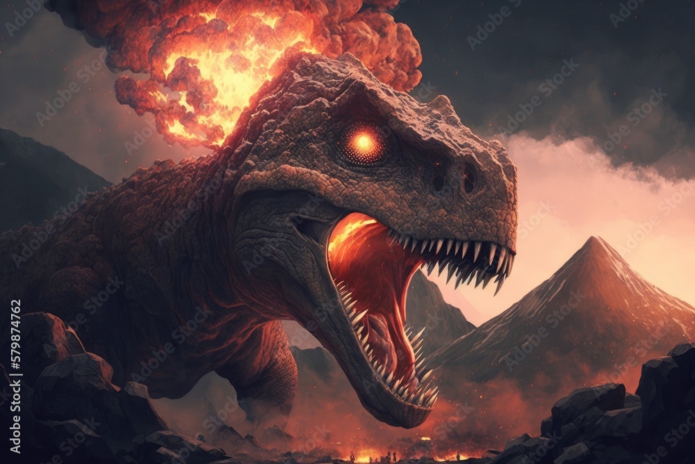 Huge dinosaur against the mountain background of a prehistoric forest at sunset Generative AI Huge dinosaur against the mountain background of a prehistoric forest at sunset Generative AI