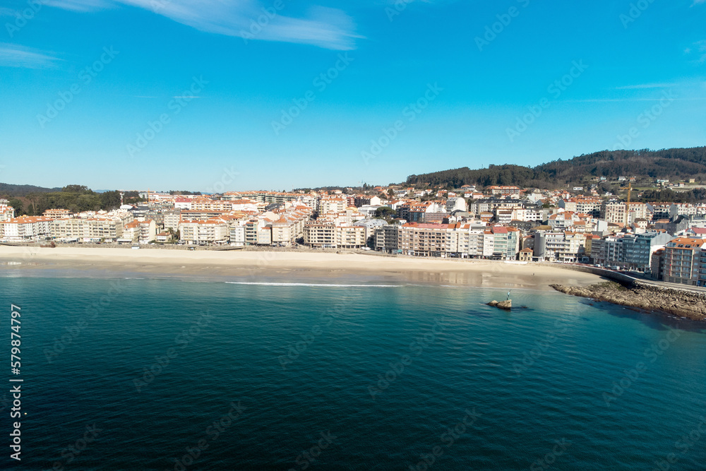 Aerial view of beautiful seaside city of Sanxenxo in Galicia, Spain. High quality photo