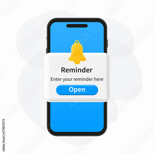 Reminder, notification page in phone with floating elements and business planning, events, timetable flat. Vector illustration.