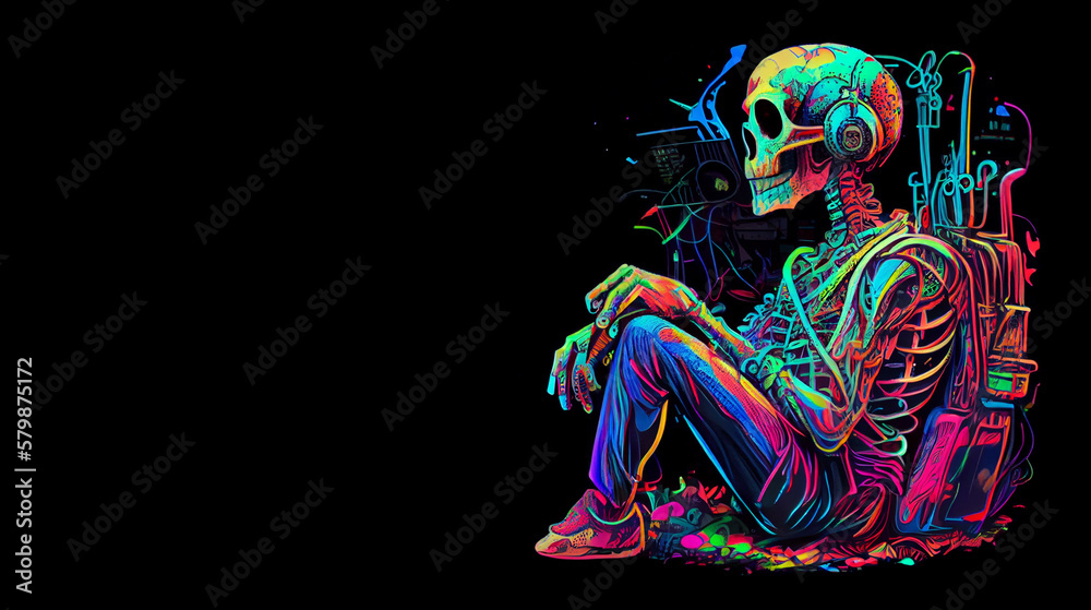 Colorful skeleton in headphones listening to music. Generative AI.