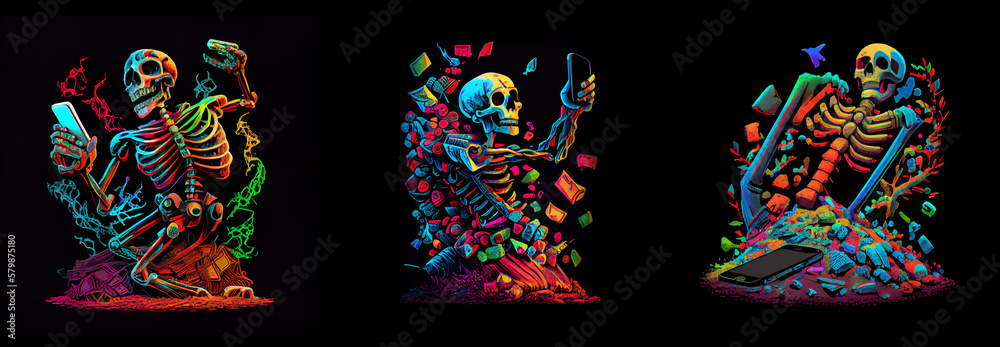 Fototapeta premium Happy skeleton taking selfie with smartphone. AI generative.