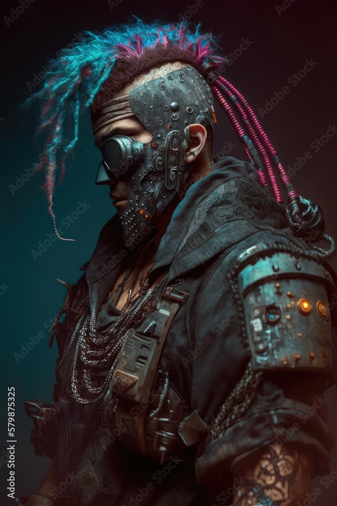 Cyberpunk pirate wearing homemade armor, cyberpunk style. Created with generative Ai technology