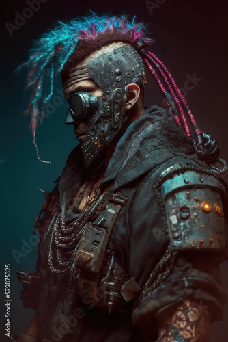 Cyberpunk pirate wearing homemade armor, cyberpunk style. Created with generative Ai technology