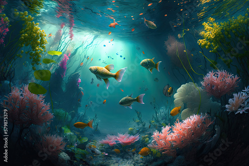 An underwater view of a flooded garden with fish swimming among the flowers. Created with generative AI technology.