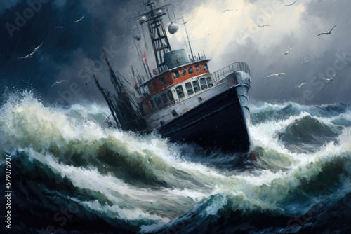Fischerboot im Sturm - Kunst Gemälde von Generative AI 