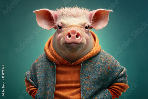 Studio portrait of a very angry furious pig , created with Generative AI technology photo