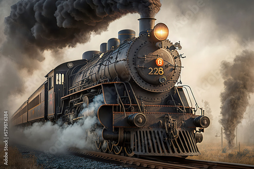 Murais de parede Old steam locomotive runs on the rails with a smoking chimney as a digital illus